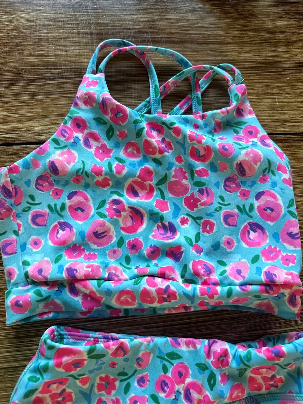 Girls' Pink Floral Active Crop Top & Aqua Bike Shorts Set - Picture 3 of 7